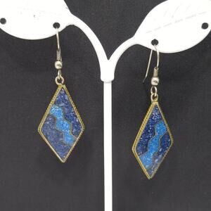 Vintage Alpaca Mexico Inlay Earrings Blue Turquoise Silver Diamond Shape Dangle